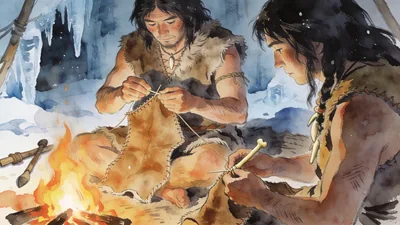 Visual depiction of Early humans crafting the first sewn hide clothing with bone needles in an ice age camp