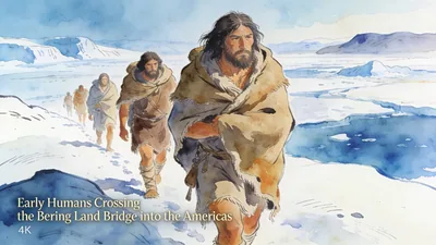 Visual depiction of Early humans crossing the Bering land bridge into the Americas