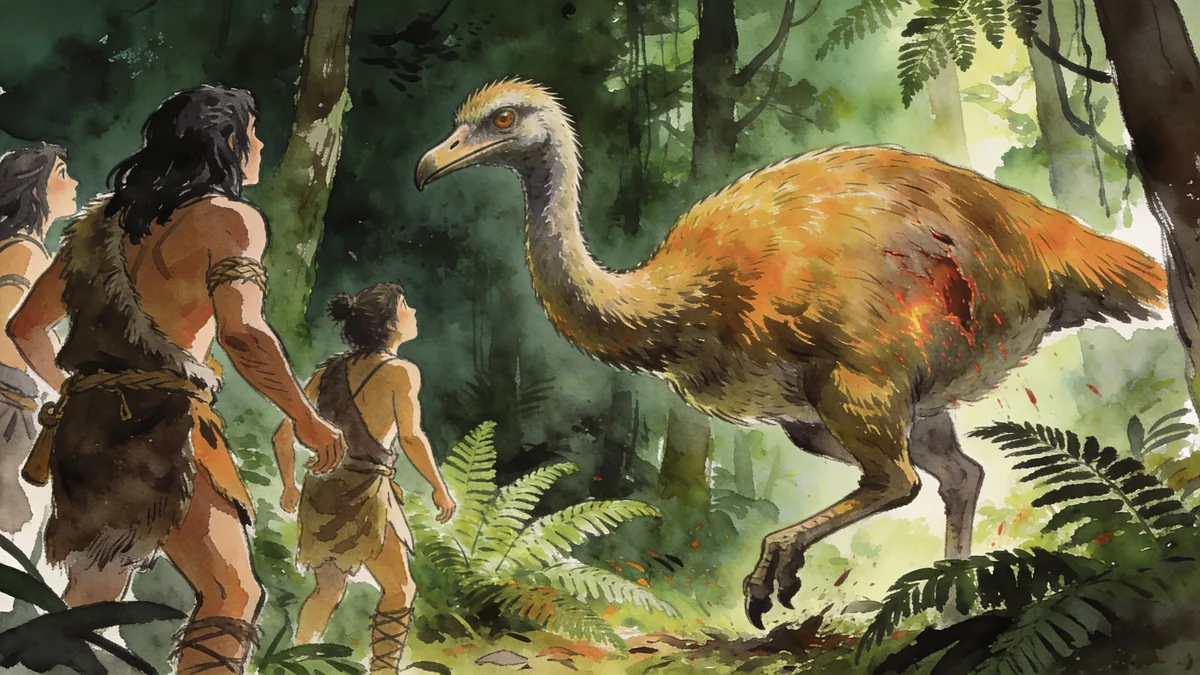 Visual depiction of Early humans encountering a giant moa in New Zealand forest