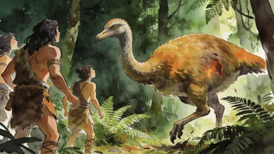 Visual depiction of Early humans encountering a giant moa in New Zealand forest
