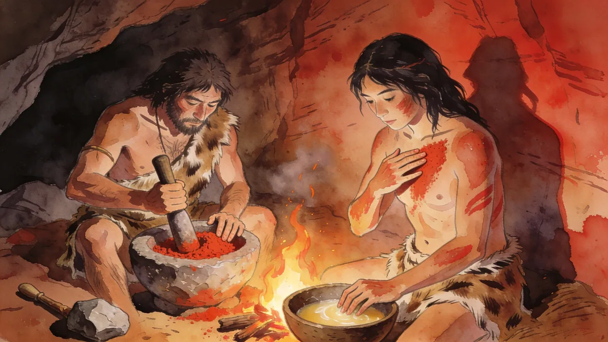 Visual depiction of Early humans making red ochre body paint