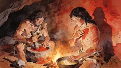 Visual depiction of Early humans making red ochre body paint
