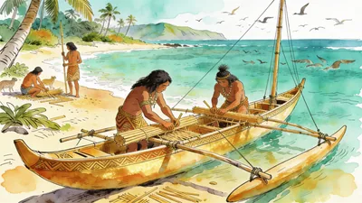 Visual depiction of Early humans on a Pacific island building the first outrigger canoe
