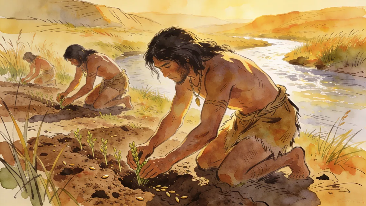 Visual depiction of Early humans planting the first cultivated seeds in a river valley