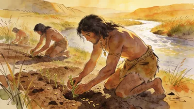 Visual depiction of Early humans planting the first cultivated seeds in a river valley