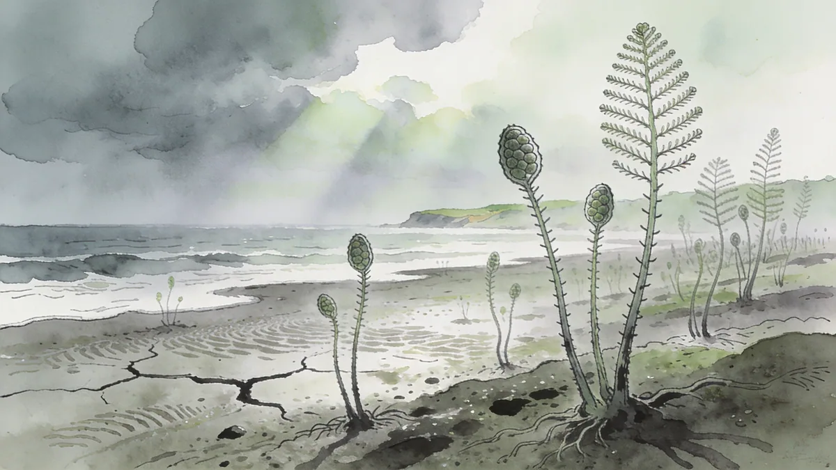Visual depiction of First land plants — tiny Cooksonia — colonising a Silurian mudflat at the edge of a retreating sea