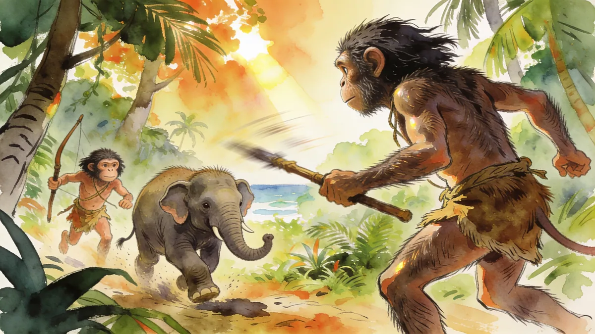 Visual depiction of Homo floresiensis — the Hobbit human — hunting pygmy elephants on the island of Flores