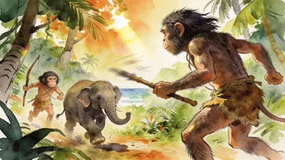 Visual depiction of Homo floresiensis — the Hobbit human — hunting pygmy elephants on the island of Flores