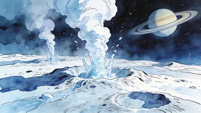 Visual depiction of Ice geysers erupting from the surface of Enceladus