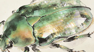 Visual depiction of Iridescent beetle elytra under magnification