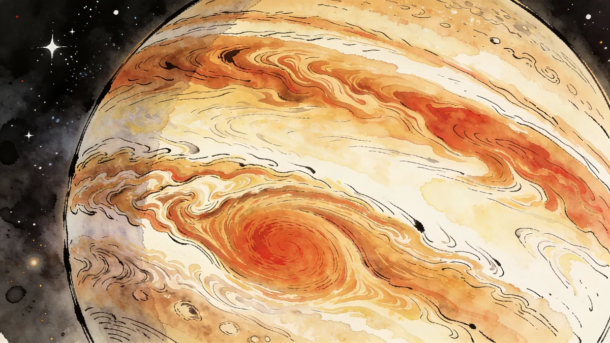 Visual depiction of Jupiter's Great Red Spot as an eternal storm larger than Earth
