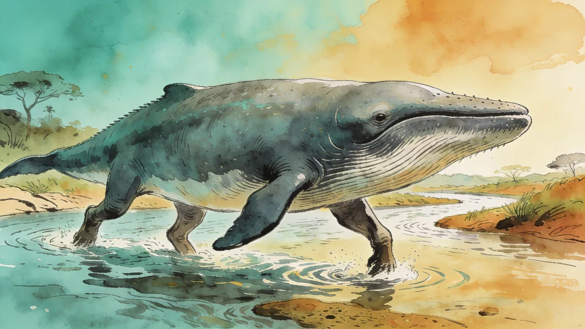 Visual depiction of Pakicetus — the first whale — wading in an Eocene river