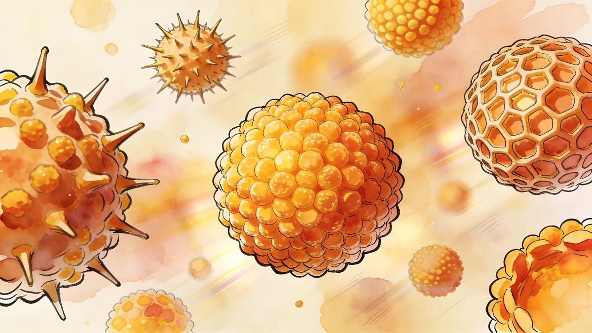 Visual depiction of Pollen grains from different flowers viewed under bright illumination