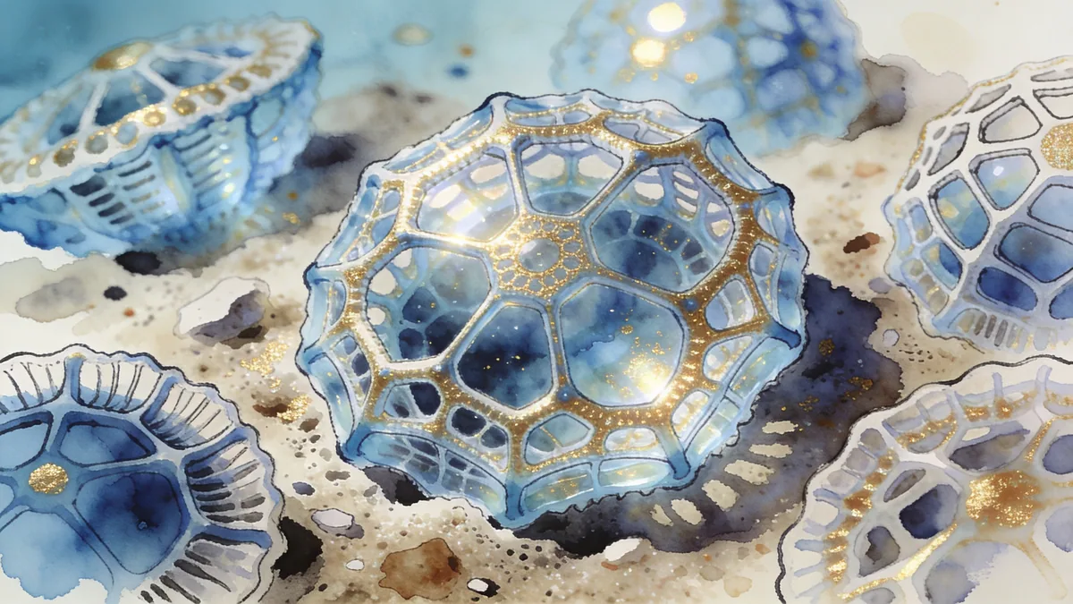 Visual depiction of Radiolarian shells forming intricate geometric lattices in ocean sediment