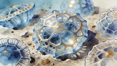 Visual depiction of Radiolarian shells forming intricate geometric lattices in ocean sediment