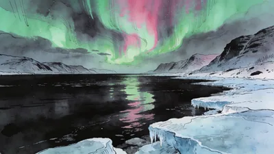 Visual depiction of The aurora borealis as green and magenta curtains of light above a frozen Norwegian fjord