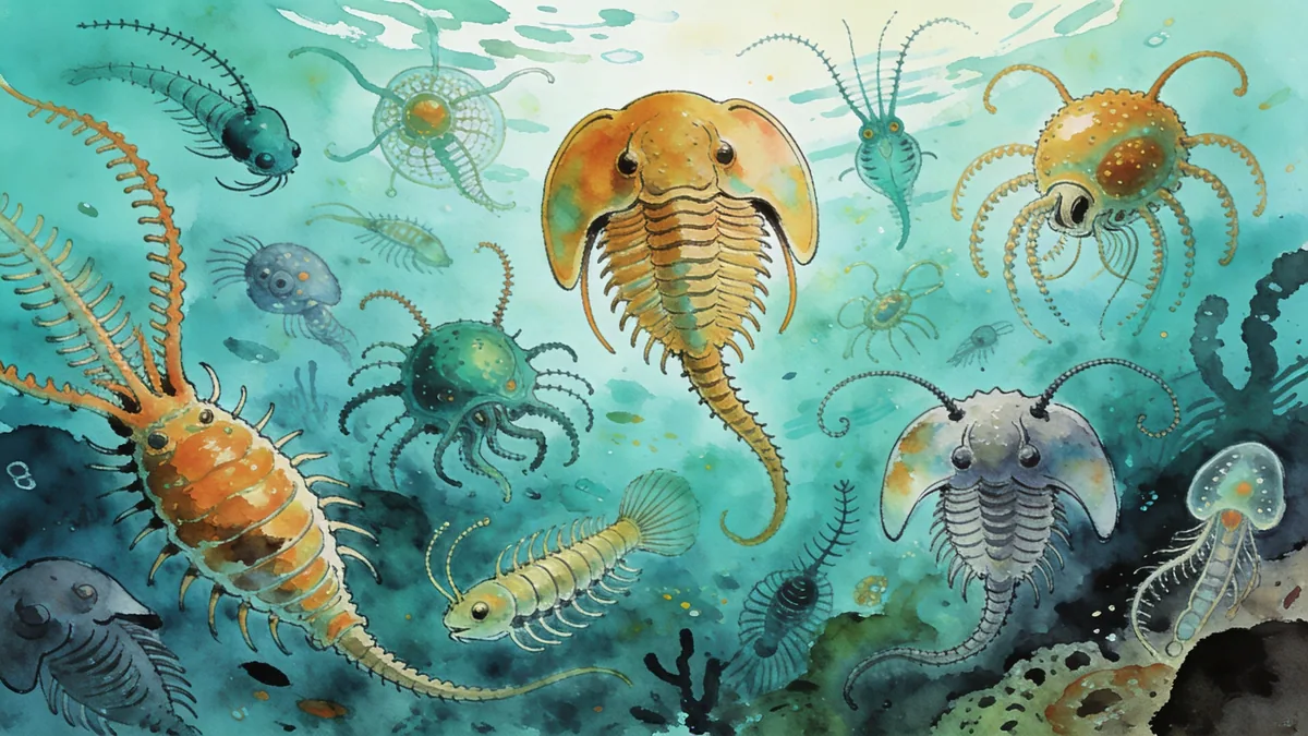 Visual depiction of The Cambrian explosion — dozens of strange new body plans appearing in a single ocean — a riot of alien life in vivid aquamarine and amber