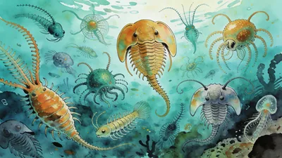 Visual depiction of The Cambrian explosion — dozens of strange new body plans appearing in a single ocean — a riot of alien life in vivid aquamarine and amber