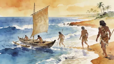 Visual depiction of The first anatomically modern humans migrating along the East African coastline