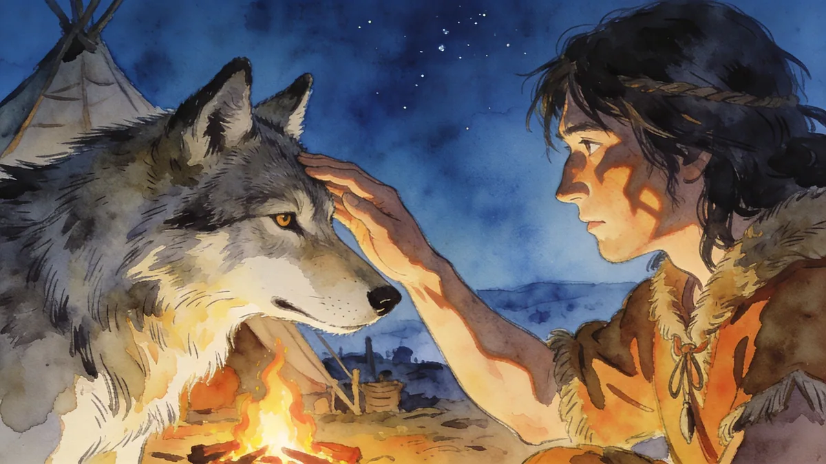 Visual depiction of The first wolf being cautiously tamed by an early human at a camp edge at night