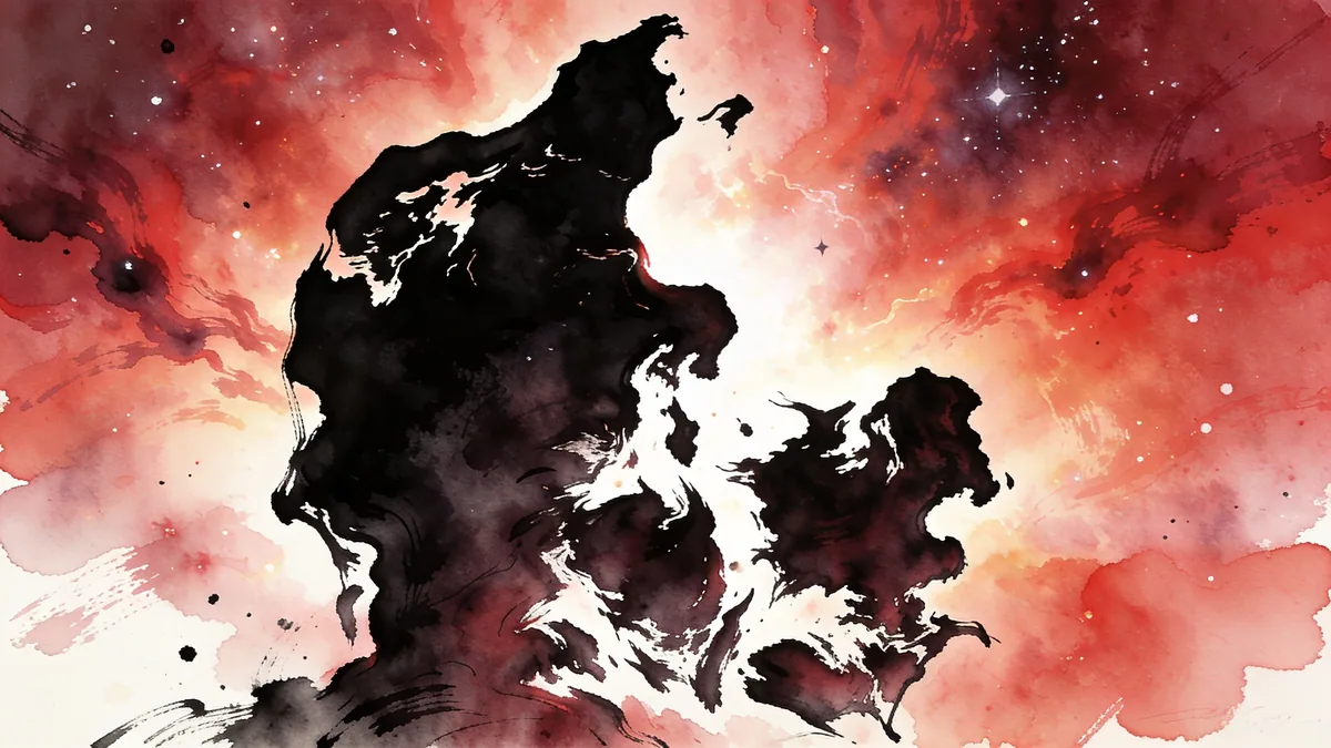 Visual depiction of The Horsehead Nebula rising as a dark silhouette against a glowing hydrogen backdrop