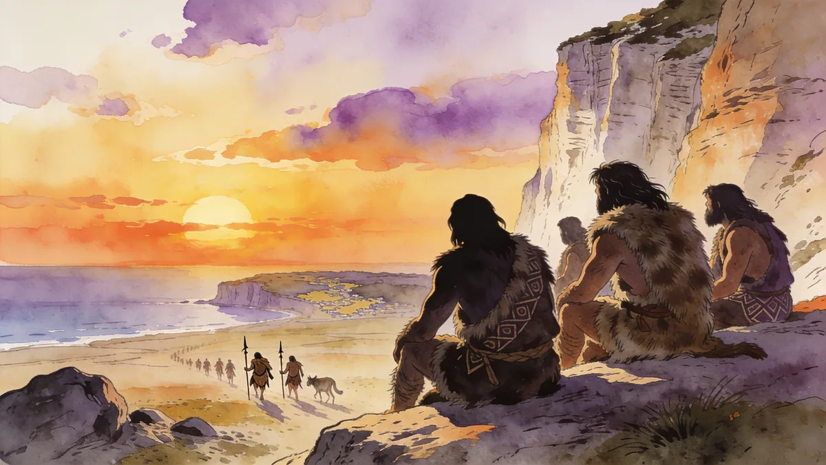 Visual depiction of The last Neanderthals watching a sunset from a Gibraltar cliff as Homo sapiens arrive in Europe