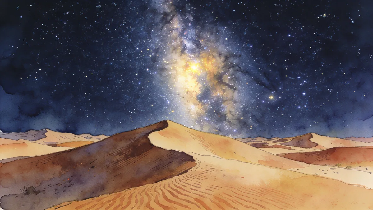 Visual depiction of The Milky Way core rising above a Namibian desert dune field at night