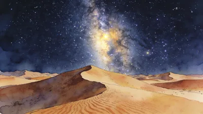 Visual depiction of The Milky Way core rising above a Namibian desert dune field at night