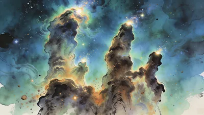 Visual depiction of The Pillars of Creation in the Eagle Nebula
