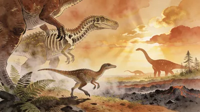 Visual depiction of The Triassic dawn — first dinosaurs small and cautious in a world of archosaurs — warm rust and early morning gold palette