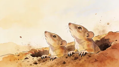 Visual depiction of Tiny Paleocene mammals emerging from burrows after the dinosaur extinction