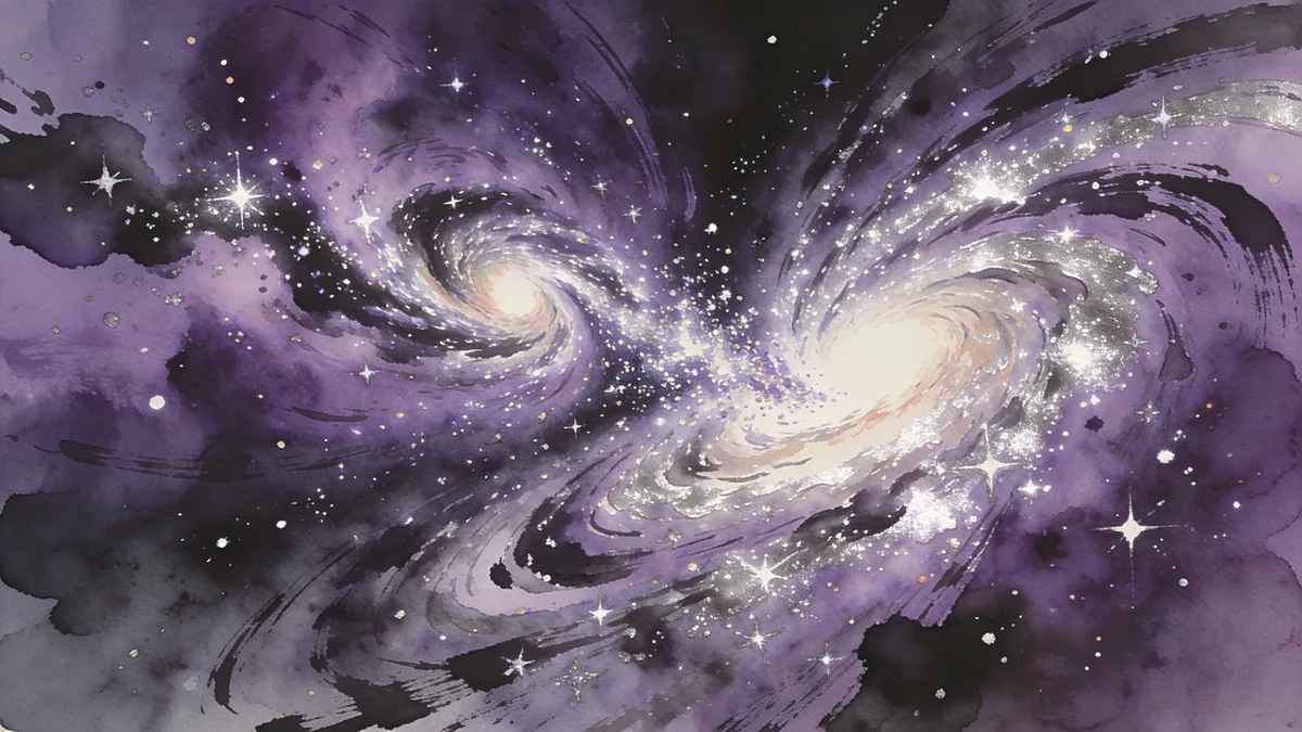 Visual depiction of Two galaxies colliding in slow motion