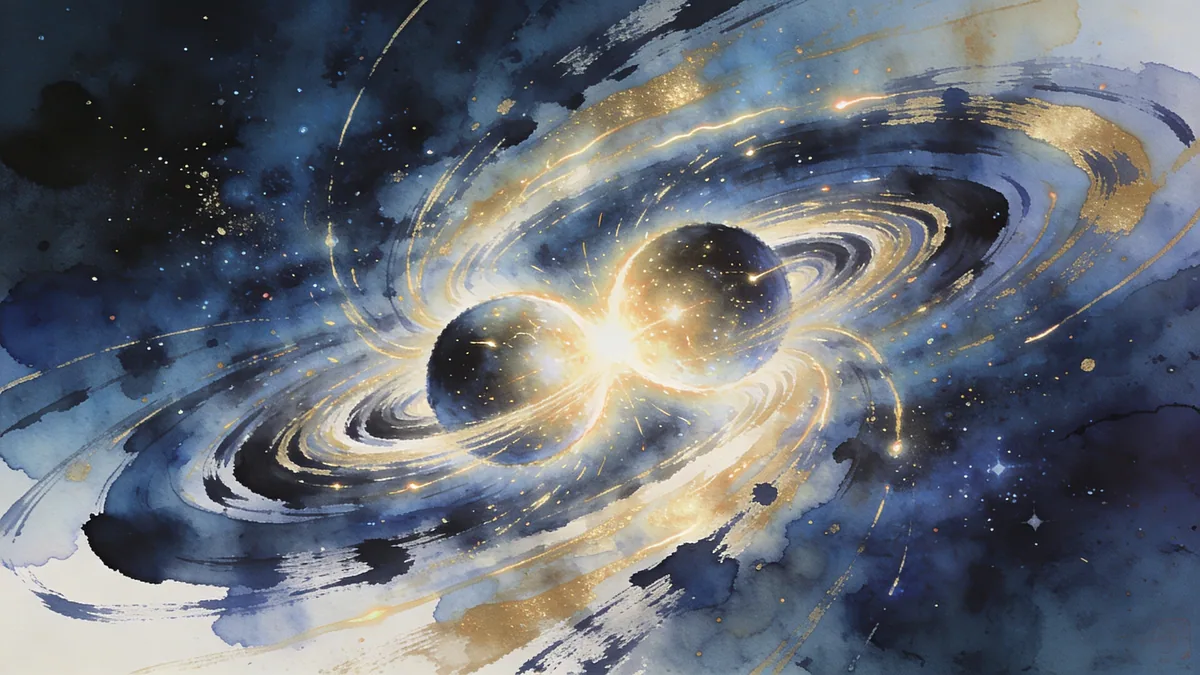 Visual depiction of Two neutron stars spiralling together sending gravitational waves through space-time