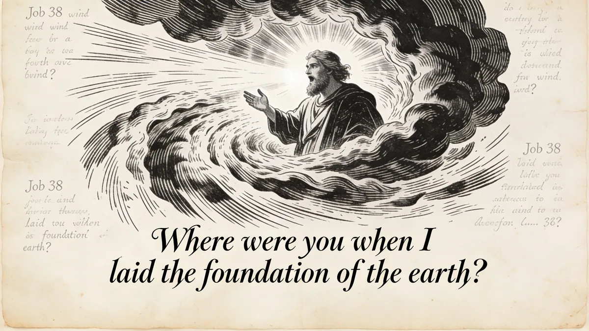 Hand-drawn ink illustration: God Speaks from the Whirlwind