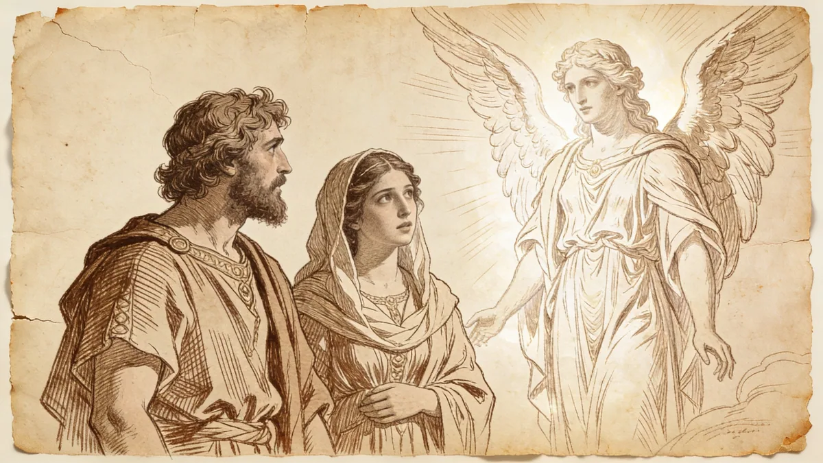 Hand-drawn ink illustration: Angel to Samson’s Parents