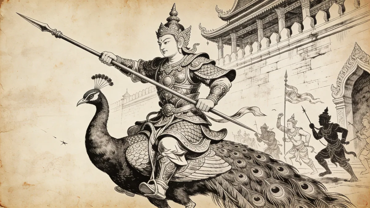 Visual depiction of Skanda in his Buddhist monastery guardian form