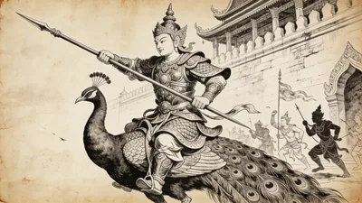 Visual depiction of Skanda in his Buddhist monastery guardian form